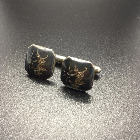 VINTAGE ROYAL SIAM MEKKALA GODDESS NIELLO ENAMEL STERLING SILVER CUFFLIN… - Picture 3 of 6